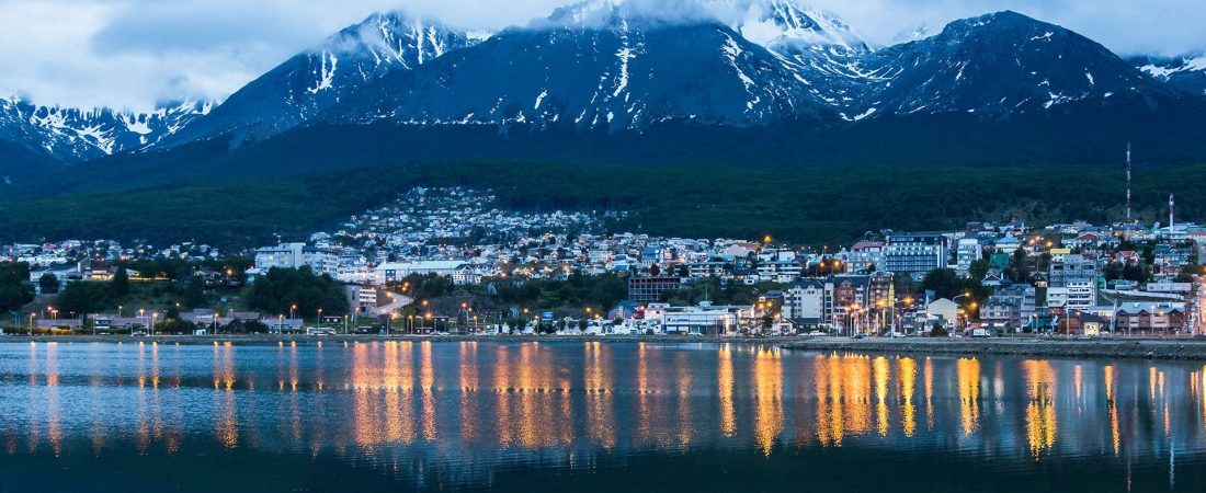 An after sunset city view of Ushuaia, Argentina, the city of the 'End of the World"