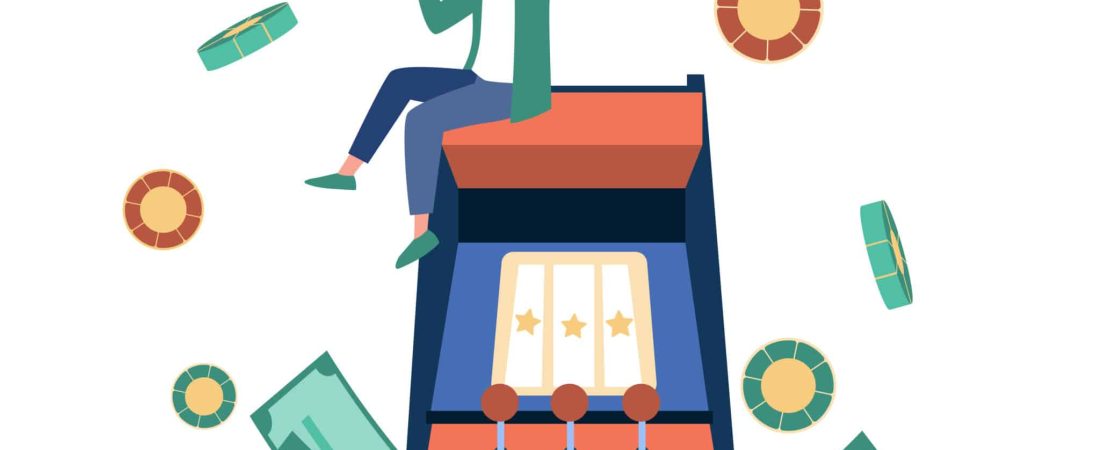 Excited tiny man enjoying victory in slot machine illustration. Fortune or gambling concept can be used for presentations, banner, website design, landing web page