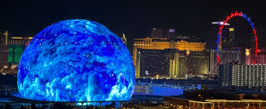 The MSG Sphere illuminates the Las Vegas skyline with a display to celebrate Independence Day as the Exosphere is fully lit up for the first time, as seen from the Metropolis, on Tuesday, July 4, 2023. (L.E. Baskow/Las Vegas Review-Journal)