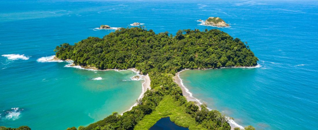 Aerial Drone view of Manuel Antonio National Park in Costa Rica.