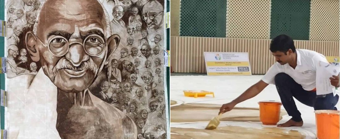 Artista de la India realiza un gigante retrato con 74 caras de Mahatma Gandhi con café para alcanzar récord mundial 1