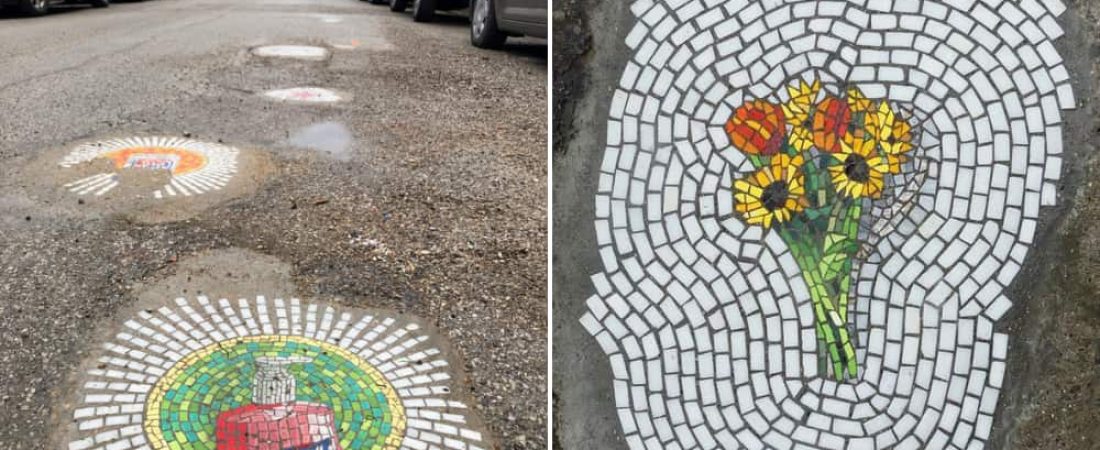 Artista urbano rellena huecos en pavimento, aceras y paredes de su ciudad con divertidos mosaicos-10