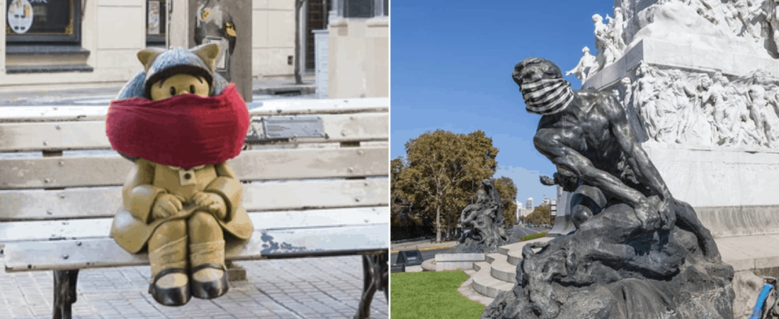 Buenos Aires Monumentos y estatuas amanecen cubiertas con tapabocas anticipando el anuncio de su uso obligatorio en la ciudad 1