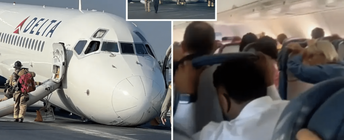 Pasajero de avión captura el momento en que el avión de Delta aterriza de manera segura sin el tren de aterrizaje delantero