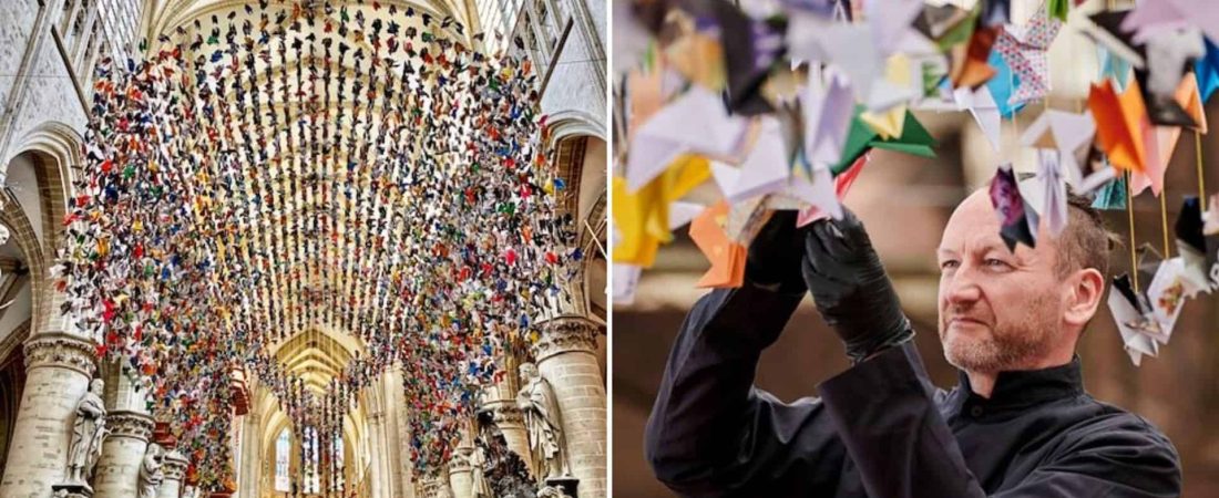 Colocan 20.000 aves de origami en una catedral de Bruselas para ayudar a recaudar fondos para un hospital con pacientes con COVID-19 1