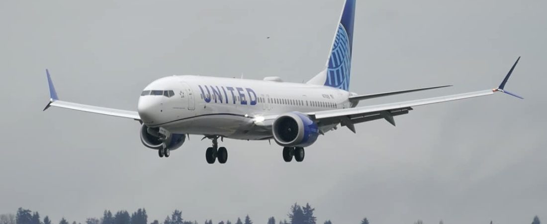 File-This Nov. 18, 2020, file photo shows a Boeing 737 Max 9 built for United Airlines landing at King County International Airport - Boeing Field after a test flight from Moses Lake, Wash., in Seattle. Boeing is seeing more cancellations for its long-grounded 737 Max jet. The company said Tuesday, Dec. 8, 2020, that orders for 88 of the planes were canceled in November. (AP Photo/Ted S. Warren, File)