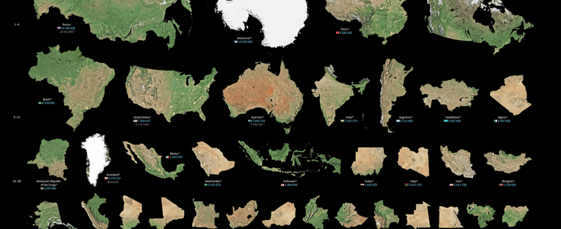 Este mapa muestra el tamaño real de las masas de tierra del mundo... ¡en orden de mayor a menor!