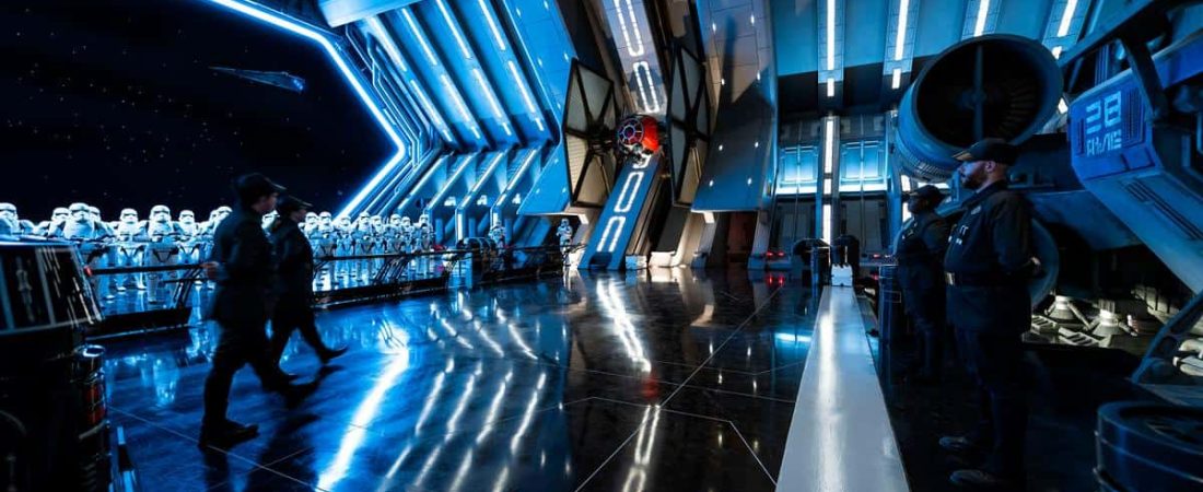 First Order troops and stormtroopers patrol the hangar bay of a Star Destroyer in Star Wars: Rise of the Resistance, the groundbreaking new attraction opening Dec. 5, 2019, inside Star Wars: Galaxy’s Edge at Disney’s Hollywood Studios in Florida and Jan. 17, 2020, at Disneyland Park in California. Guests enter the hangar bay after their ship is caught in the Star Destroyer’s tractor beam in this thrilling new Disney experience. (Matt Stroshane, photographer)