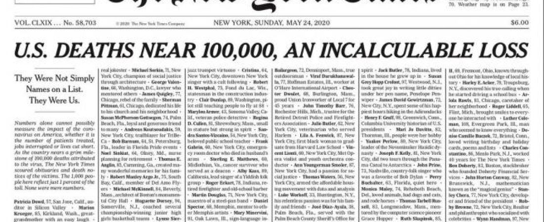 The New York Times lanza portada con los nombres de las casi 100.000 víctimas de Covid-19 en Estados Unidos 1