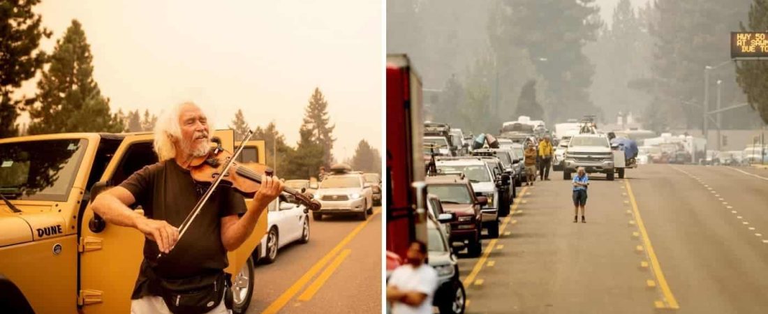 Un violinista se puso a tocar para las personas atascadas en el tráfico mientras evacuaban por los incendios