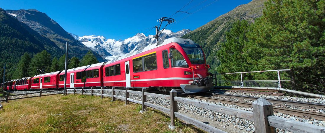 Swiss mountain train Bernina Express crossed Alps