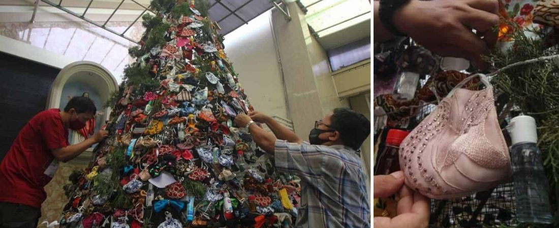 Una iglesia de Indonesia decoró su árbol de Navidad con mascarillas para generar conciencia sobre el COVID-19