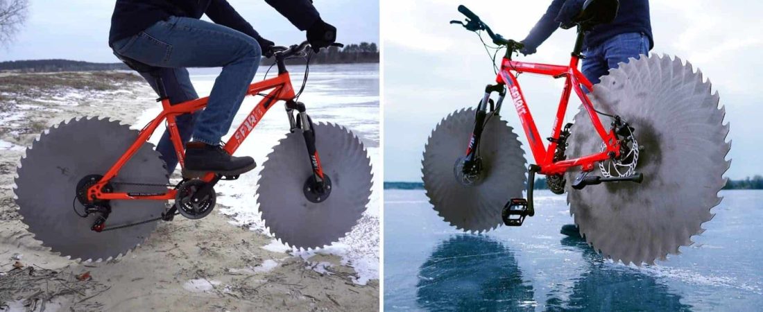 Un ingeniero construyó una bicicleta especial para poder andar sobre un lago congelado