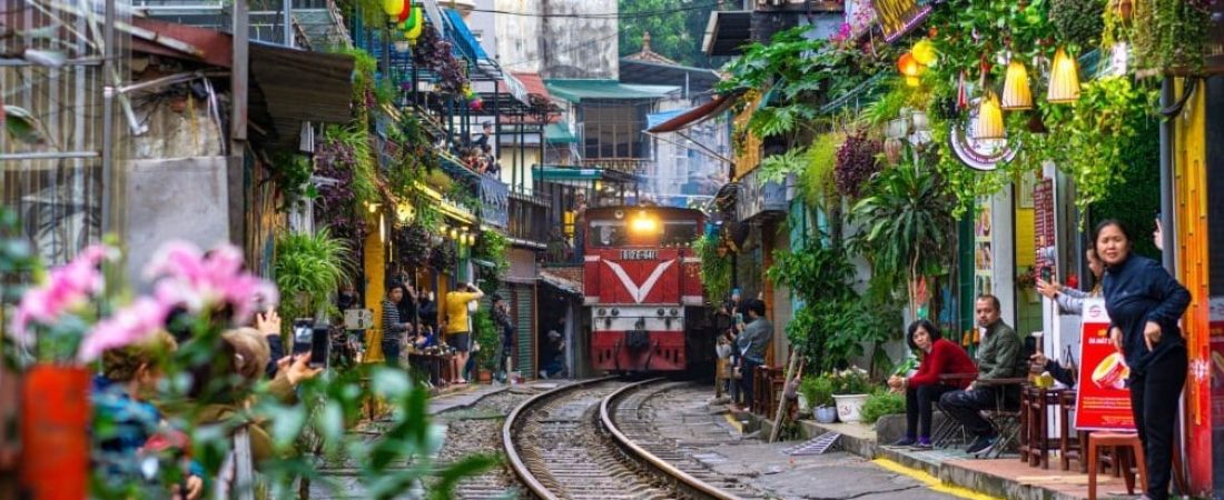 Old Quarter, HaNoi/Vietnam-February 08, 2020: Old Quarter is one of a kind railroad, high speed locomotives come barreling through the residential area known as “Train Street' in Hanoi, Vietnam