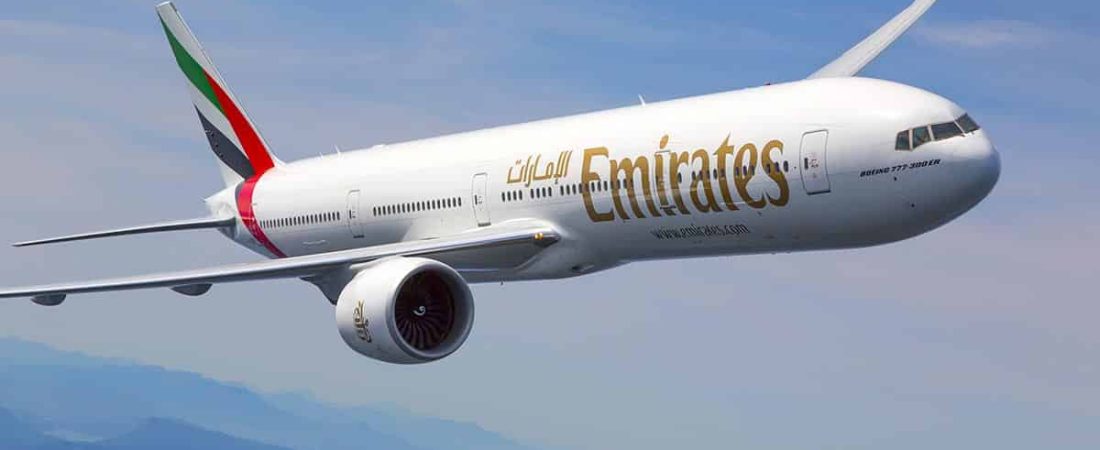 Emirates Boeing 777-300ER photographed on August 17, 2015 from Wolfe Air Aviation's Lear 25B.