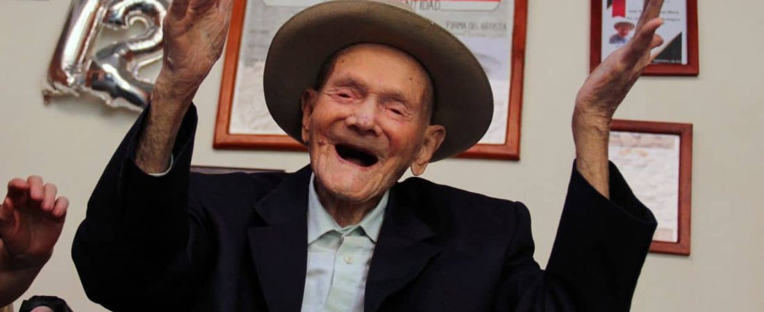 (FILES) 112-year-old Venezuelan farmer Juan Vicente Pérez gestures at his home in San Jose de Bolivar, Tachira state, Venezuela, on January 24, 2022. Juan Vicente Pérez Mora, certified in 2022 by Guinness World Records as the world's longest-lived man, died on April 2, 2024, at the age of 114, authorities and relatives confirmed. (Photo by Jhonny PARRA / AFP)