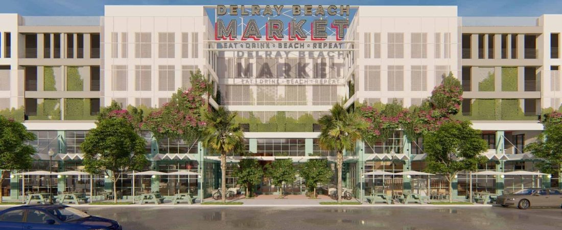 Exterior rendering of Delray Beach Market, one of America’s newest food hall experiences by Menin Development