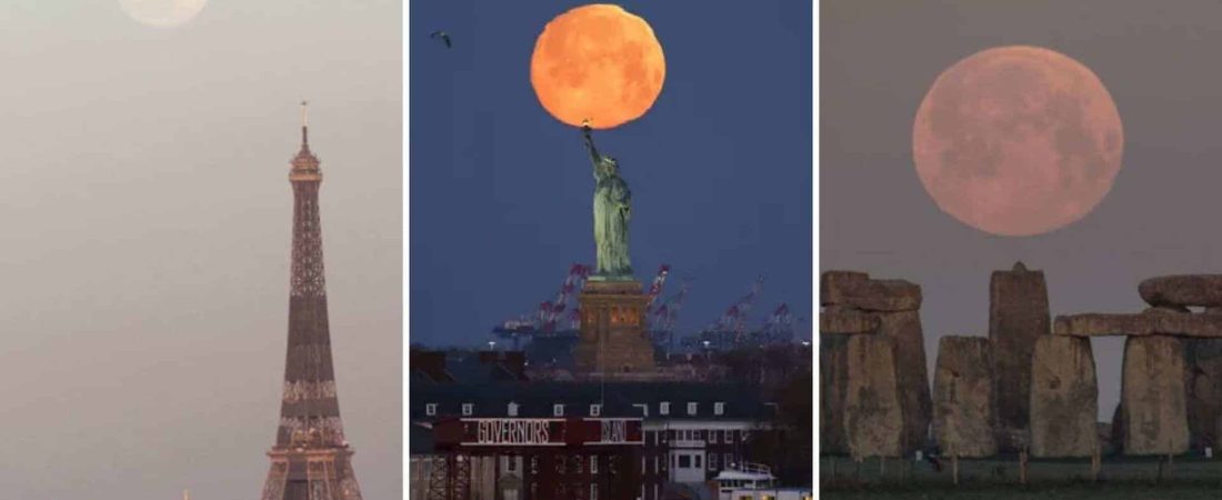 [IMÁGENES] Así se vio la superluna rosa en diferentes partes del mundo y en Nueva York, creando una aureola alrededor de la Estatua de la Libertad