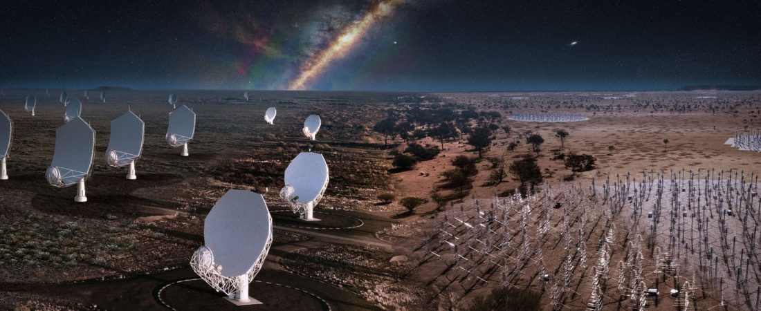 Composite image of the SKA telescopes, blending real hardware already on site with artist's impressions. 
From left: artist's impression of the future SKA dishes blend into the existing precursor MeerKAT telescope dishes in South Africa. 
From right: artist's impression of the future SKA-Low stations blends into the existing AAVS2.0 prototype station in Western Australia.