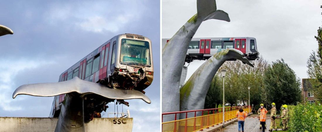 La escultura de una cola de ballena evitó la caída de un tren fuera de control en Róterdam