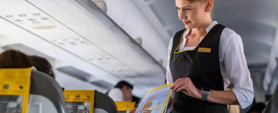 una-azafata-de-vueling-muestra-las-novedades-del-menu-a-un-pasajero